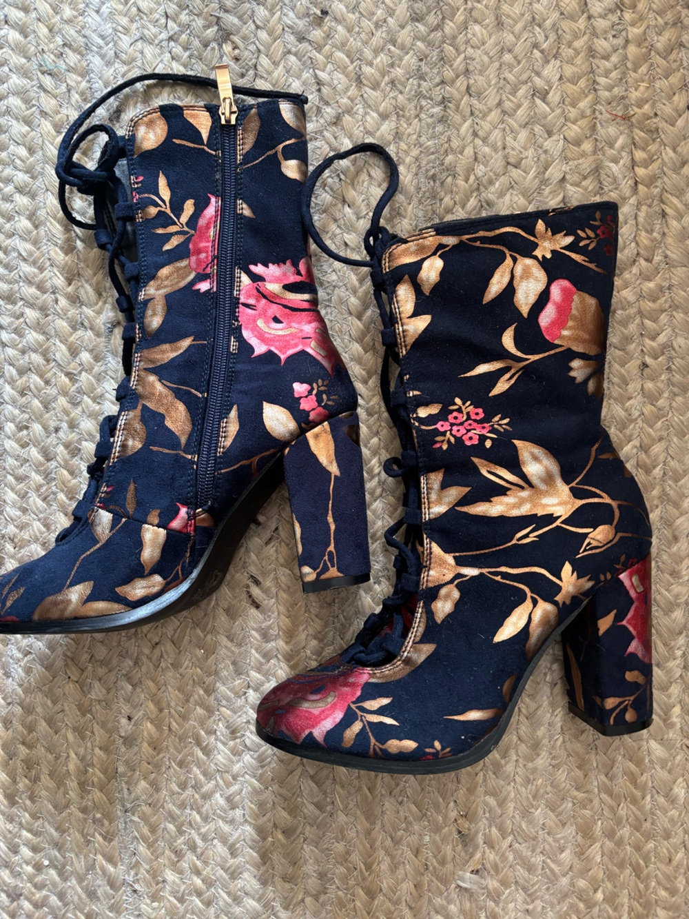 Floral Lace-Up Ankle Boots in Navy with Gold and Pink Accents